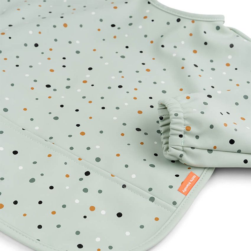 Bavoir tablier manches longues avec poche - Happy Dots Vert - Ecru