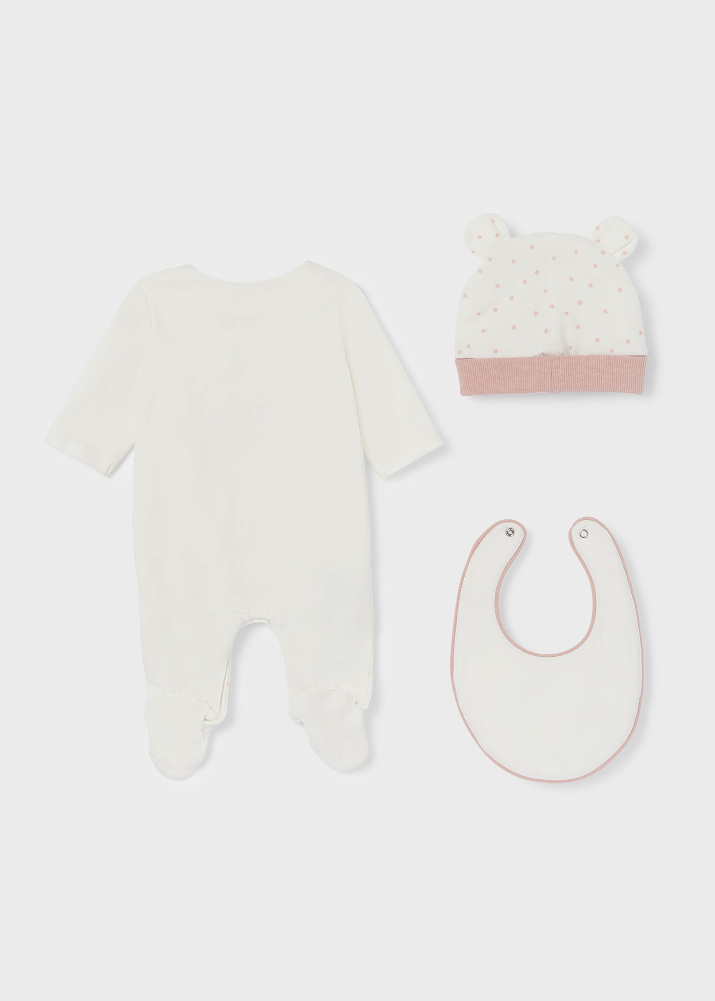 Conjunto de 3 peças em algodão sustentável para recém-nascidos.