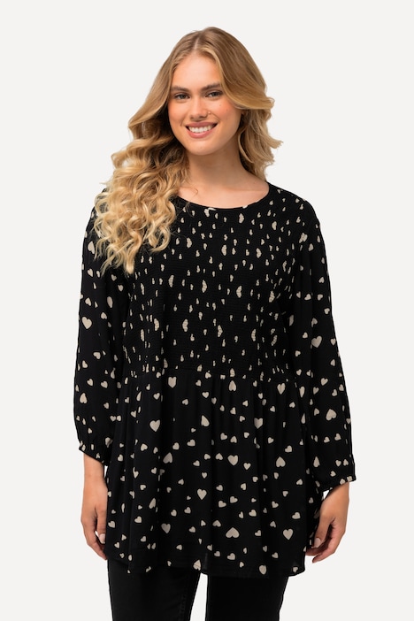 Smokbluse, Herzmuster, A-Linie, Rundhals, 3/4-Arm