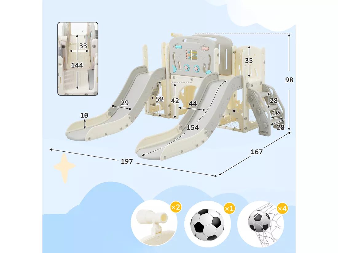 Ensemble aire de jeux pour enfants 8 en 1 - 197 x 167 x 98cm - en matériel HDPE - avec toboggan et balançoire - Gris