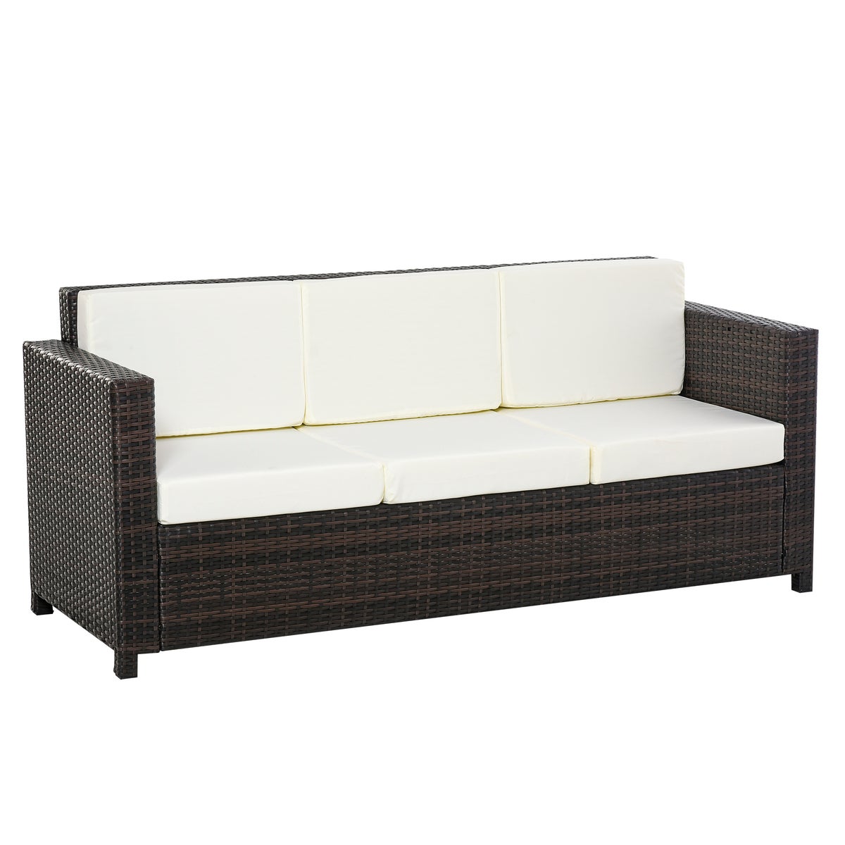 Outsunny Poly-Rotan Sofa met Kussens, 3-zits tuinloungebank, 185 x 70 x 80 cm, Metaal, Polyester, Bruin+Wit