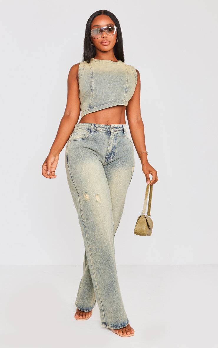 Indigo Vintage Wash Top Court Asymétrique En Denim Extensible Délavé Shape