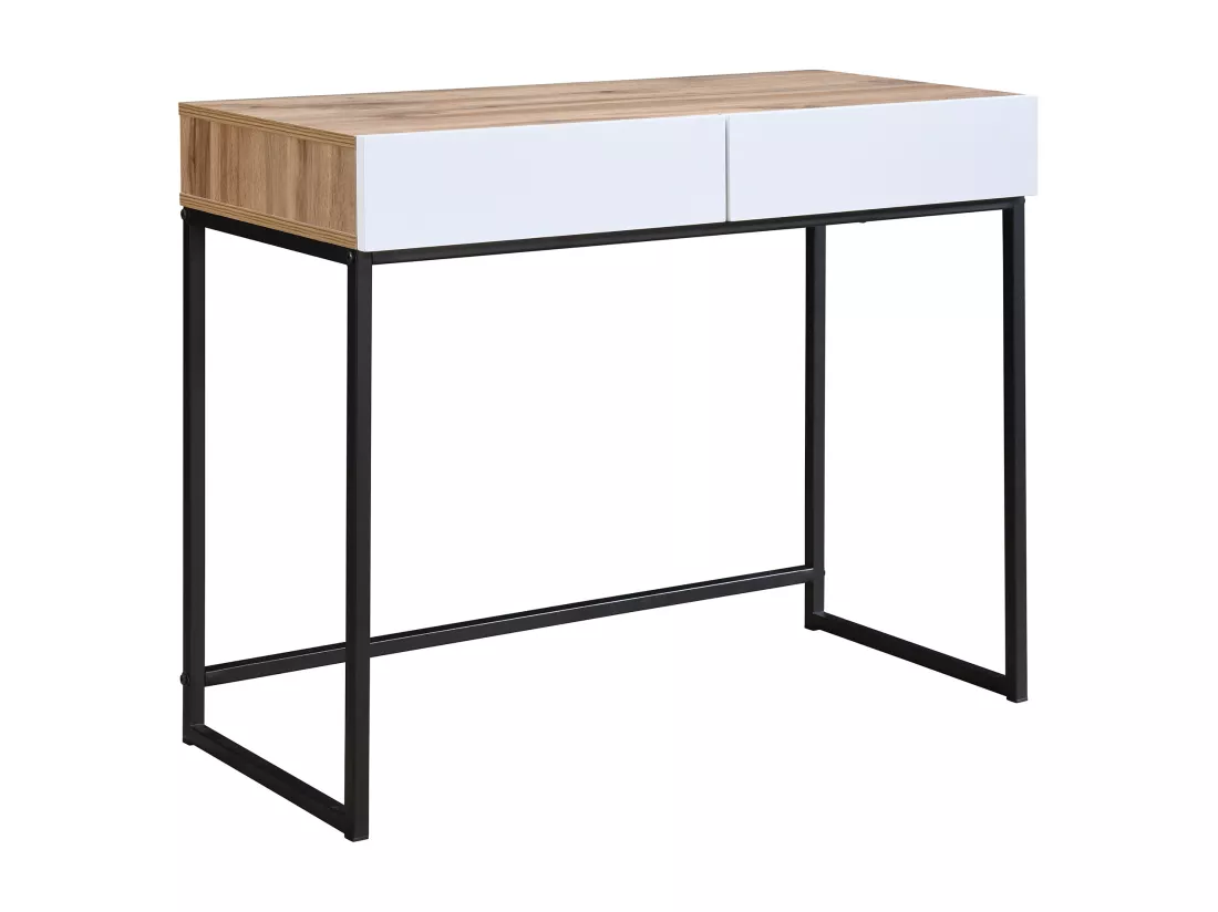 Bureau console avec 2 tiroirs - Blanc et naturel - CEVANIA