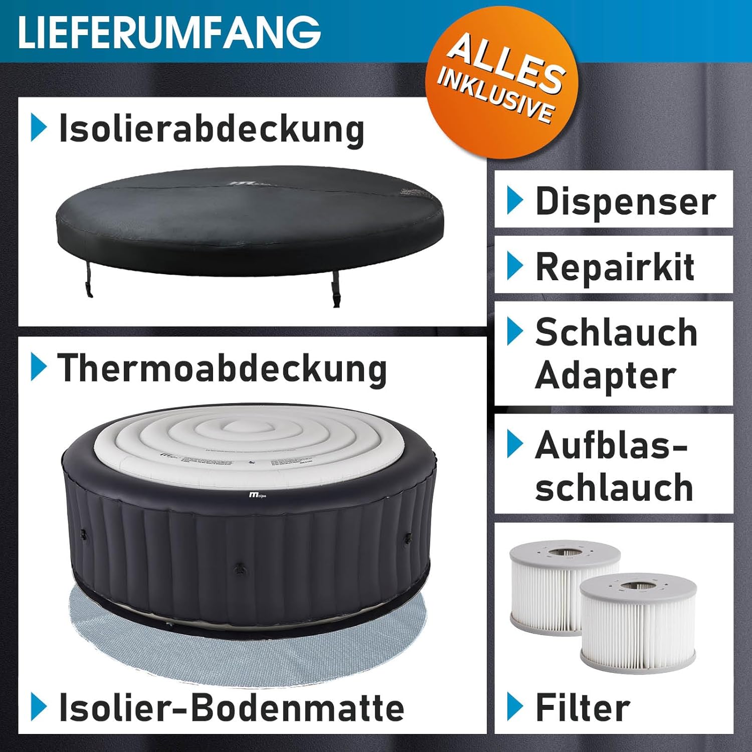 BRAST Whirlpool aufblasbar MSpa Aurora mit LED-Beleuchtung für 6 Personen Ø204x70cm In- Outdoor Pool 138 Massagedüsen Energiespar-Timer Heizung Bubble Wellness Massage