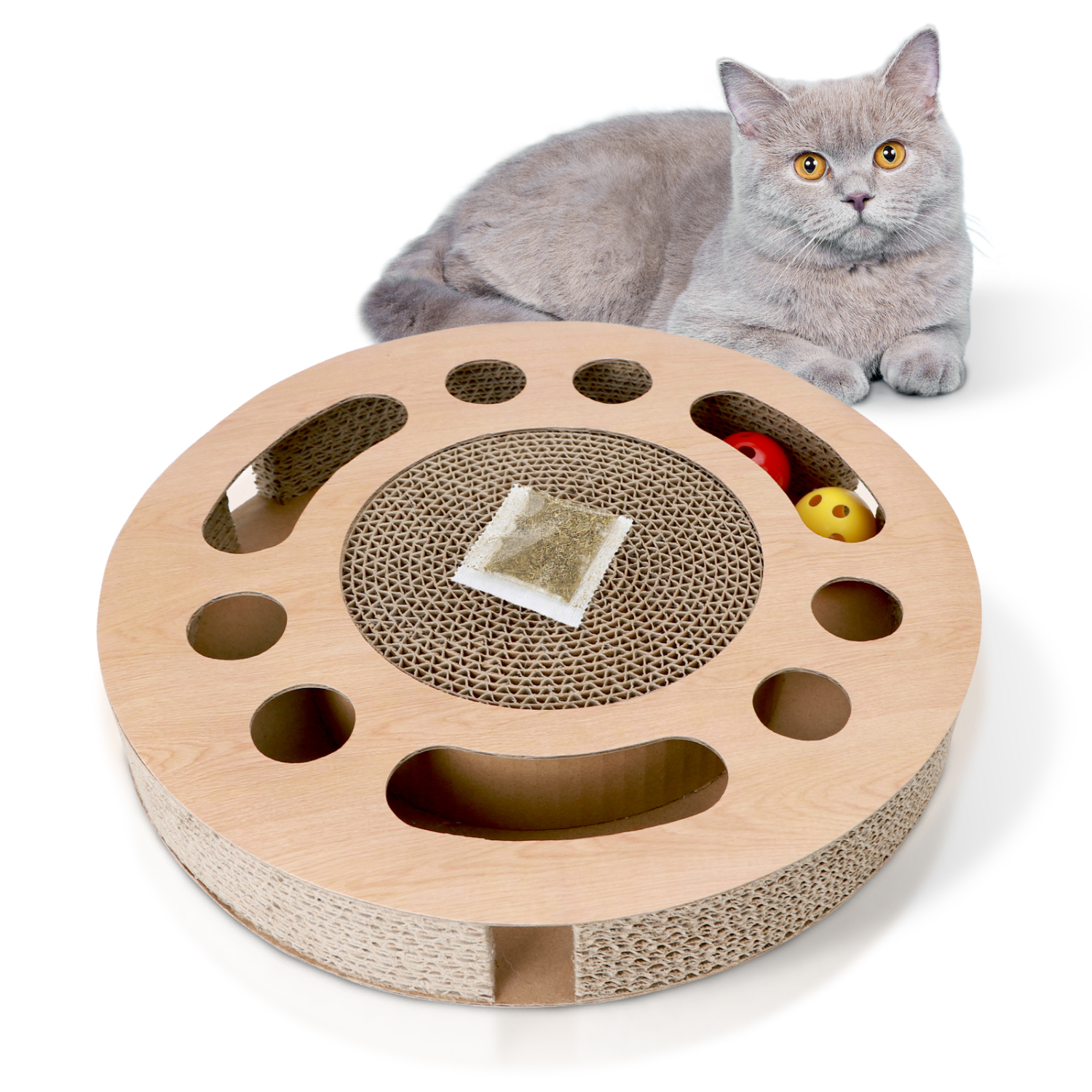 Arranhador para Gatos Nobleza com Catnip, Arranhador Redondo de Papelão para Cama com 2 Bolas Interativas para Gatos