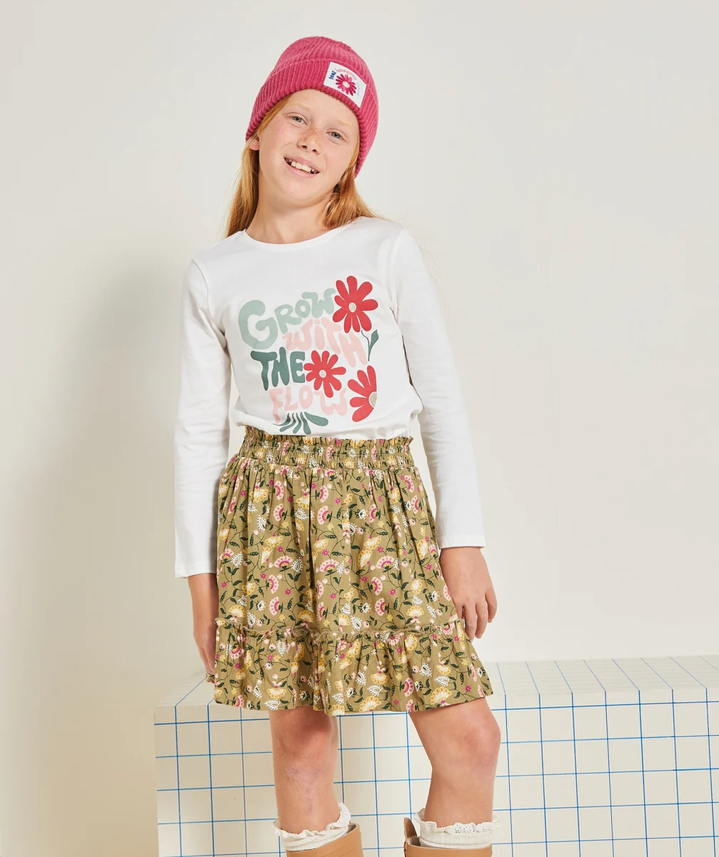 JUPE-SHORT TOURNANTE FILLE EN COTON KAKI IMPRIMÉE FLORALE