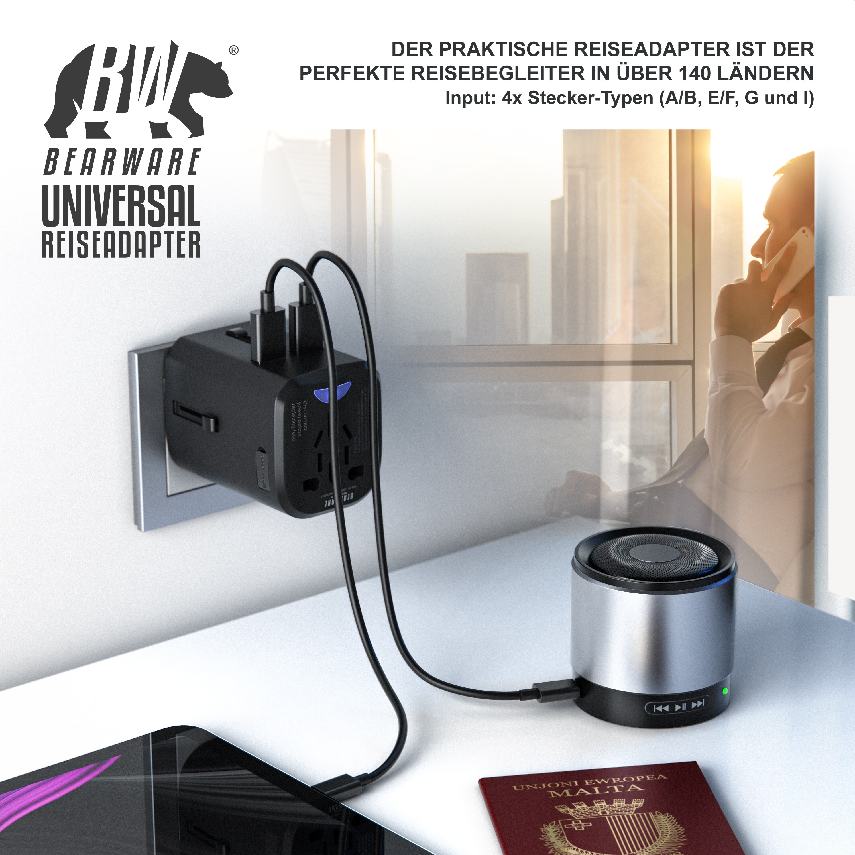 BEARWARE Universal Reiseadapter mit USB Ladestation für über 140 Länder/Regionen /2x USB Buchse