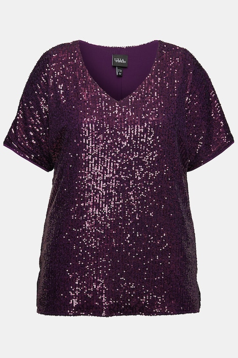 Pailletten-Shirt, Oversized, V-Ausschnitt, Halbarm