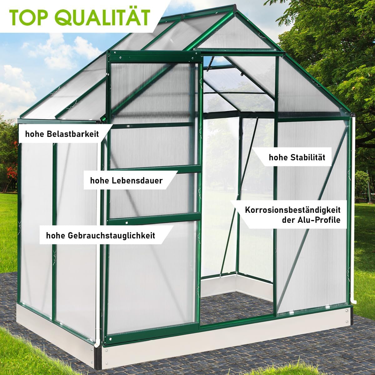 BRAST Gewächshaus Aluminium mit Fundament | 42 Modelle | 130x190x195cm - 490x250x235cm | TÜV geprüft | 6mm Hohlkammerplatten | rostfrei wetterfest temperaturbeständig | 130x190x195cm Grün