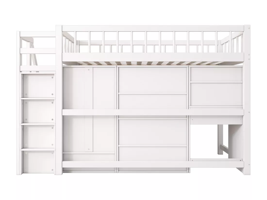Lit mezzanine multifonctionnel en bois et MDF - 90x200 cm - avec escalier de rangement, bureau et armoire - Blanc(sans matelas)