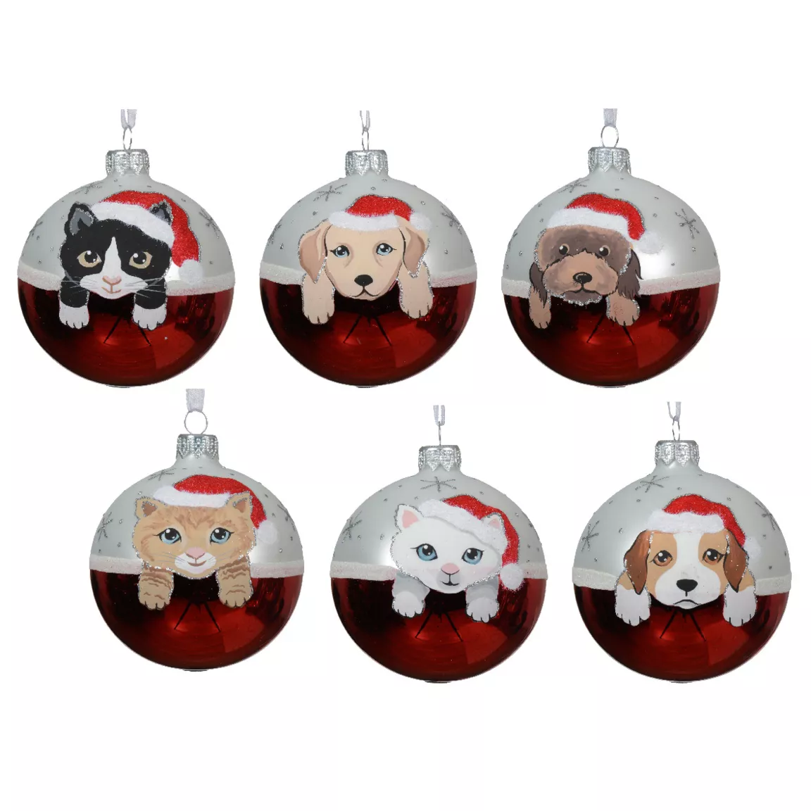 Lot de 6 boules de Noël en verre (D80 mm) Chiens et Chats
