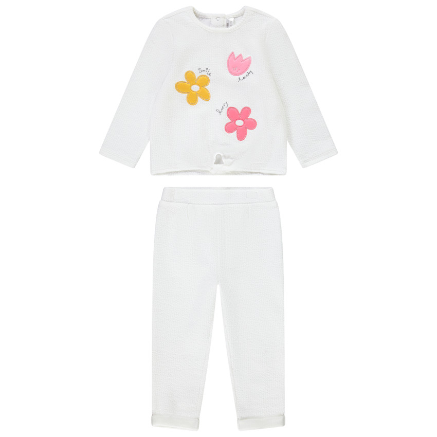 Ensemble en molleton quilté sweat avec fleurs brodées + jogging pour bébé fille