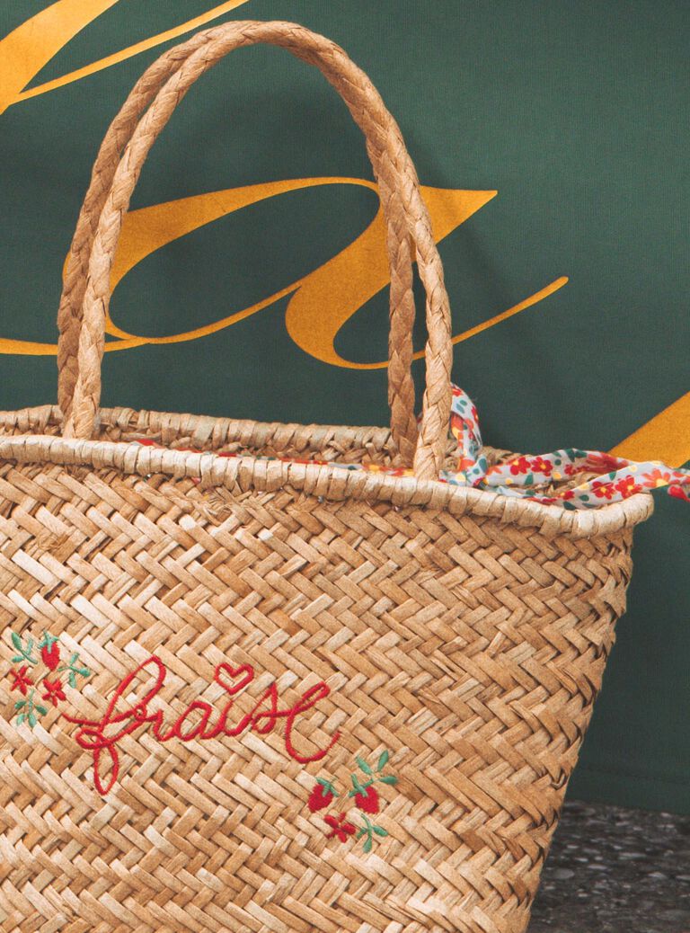 Sac panier en paille brodé Fraise