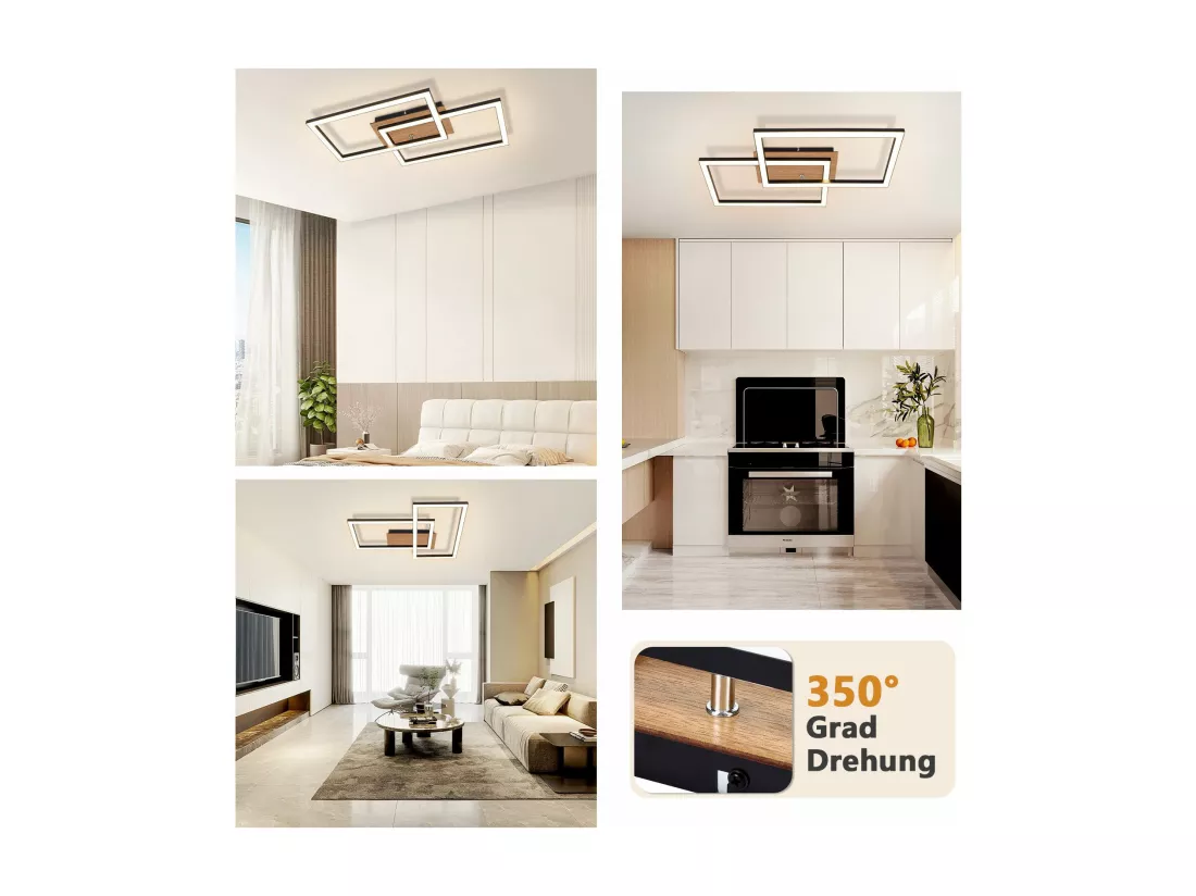 NETTLIFE Plafonnier LED Moderne Plafonnier Bois 3000K Blanc Chaud Noir Rectangle Design 24W