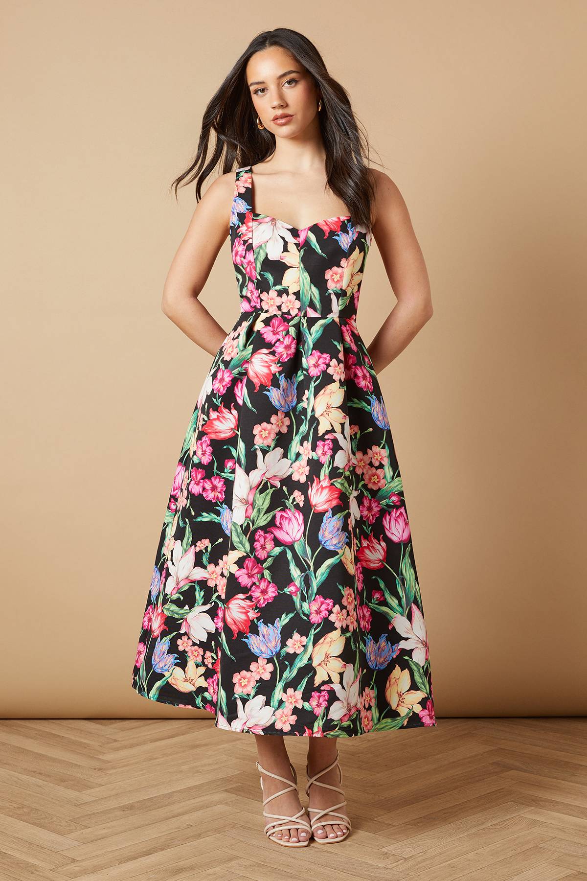 Oasis Robe Midi Évasée à Bretelles Imprimé Floral pour Occasion Spéciale