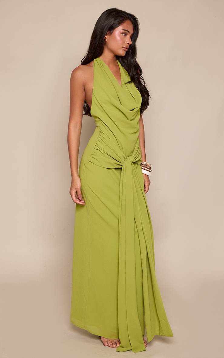 Vert Robe Longue Dos Nu À Col Licou Avec Détail Nœud À La Taille