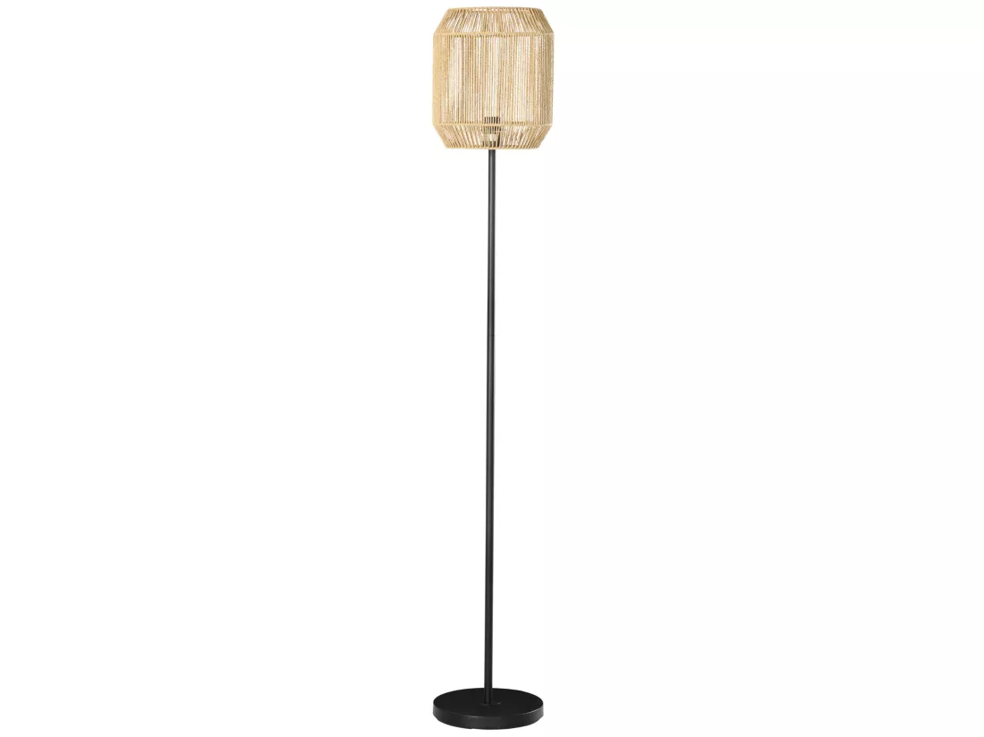 Lampadaire aspect cannage style cosy 40 W max. H.158 cm piètement mât métal noir abat-jour corde papier tressé main