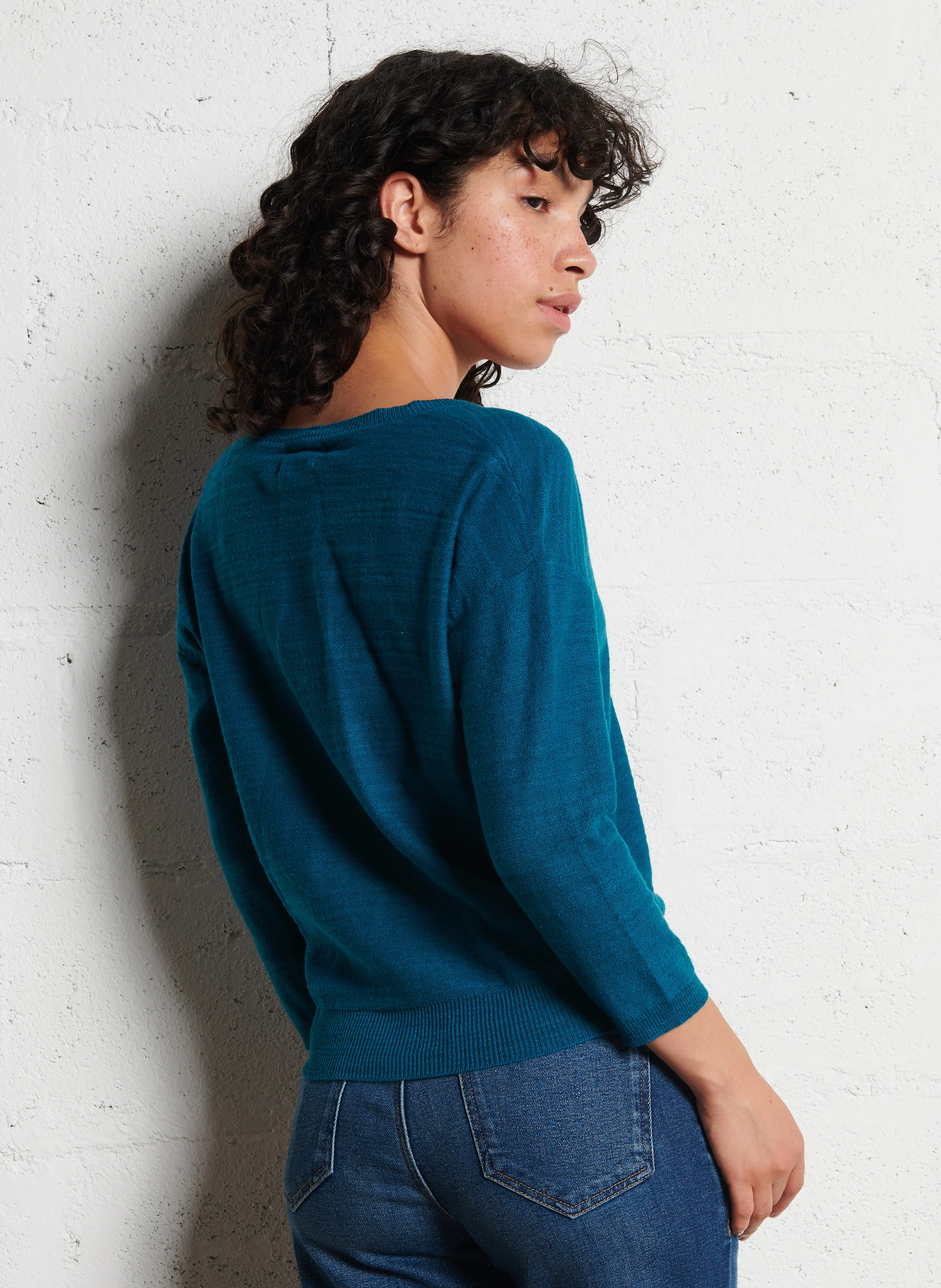 LARSEN - Pull col V en coton et lin | Bleu