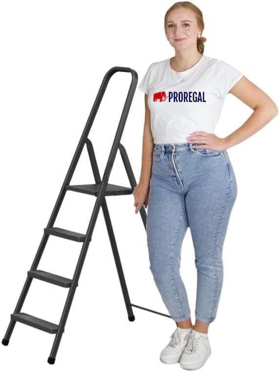 PROREGAL Economy Basic Trapladder, Gemaakt van hoogwaardig staal, Enkelzijdig toegankelijk, 4 treden, Werkhoogte 2,75 m, Draagvermogen 125 kg, Zwart