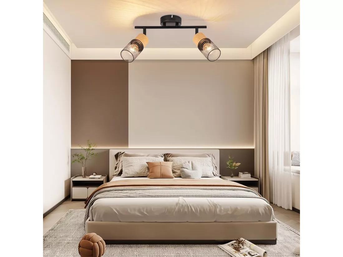 NETTLIFE Plafonnier 2 Ampoules spot de plafond vintage spots bois 350° orientables E14 rétro