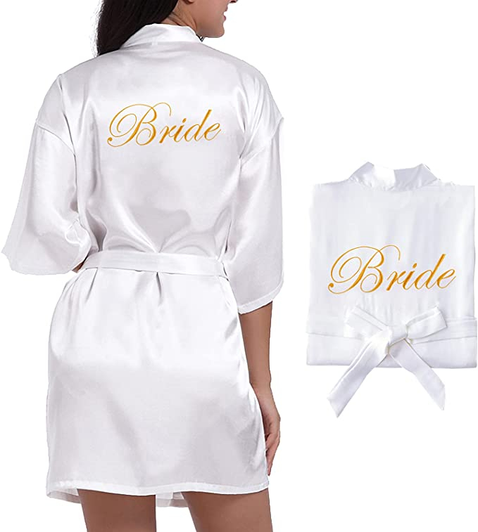 (155-165cm) Satin Morgenmantel Party Accessoire Bride Seiden Robe Junggesellinnenabschied - Weiss / Gold