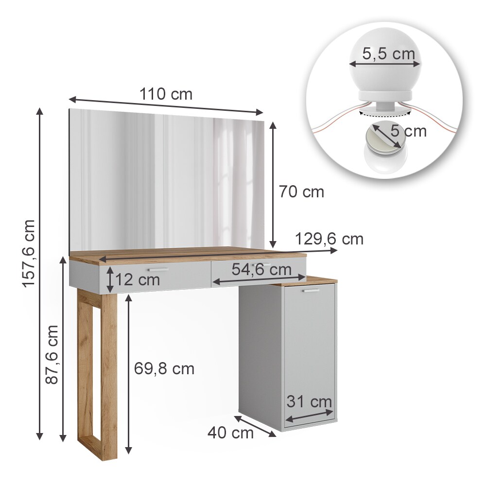 Vicco Schminktisch Regina Weiß Eiche 130 cm mit Spiegel und Beleuchtung