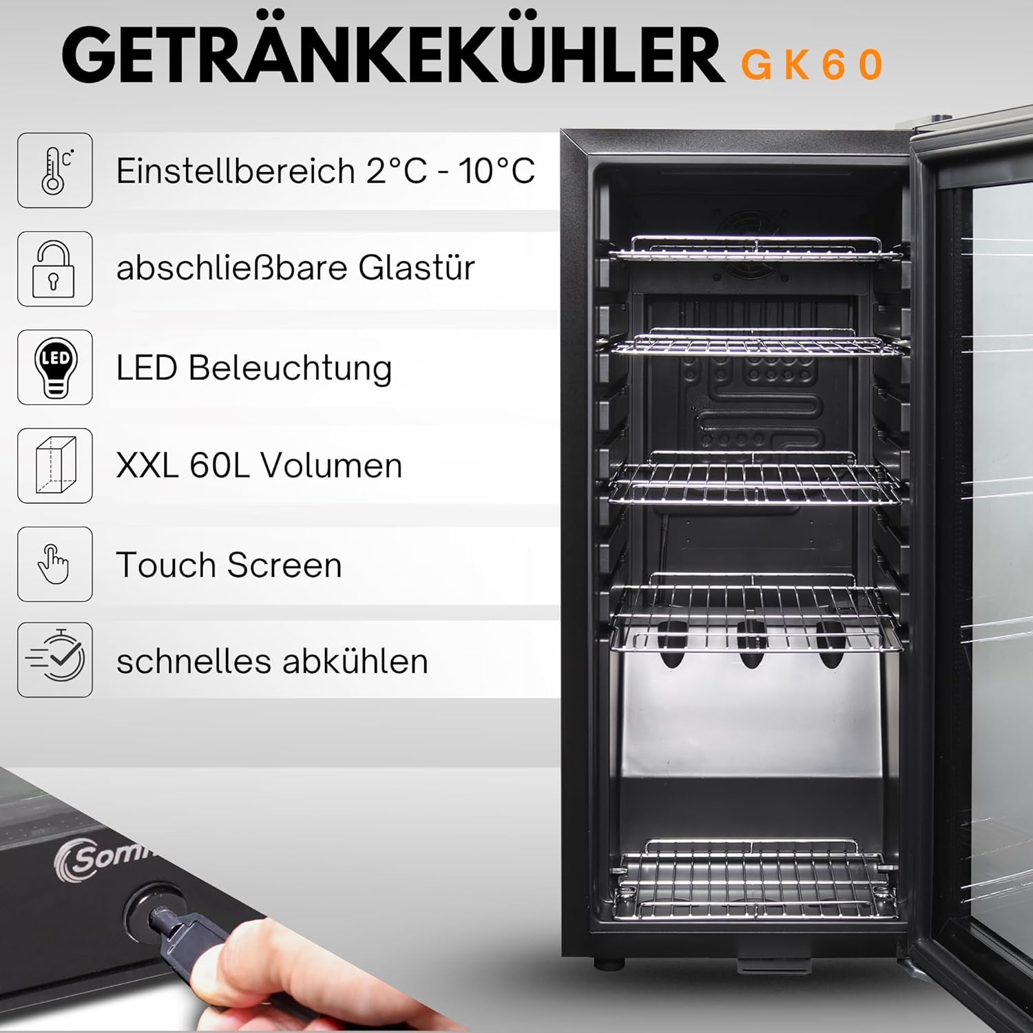 Kühlschrank mit Glastür GK60– Leiser Getränkekühlschrank mit LED, Touchscreen & Schloss kleiner Flaschenkühlschrank schwarz 60L