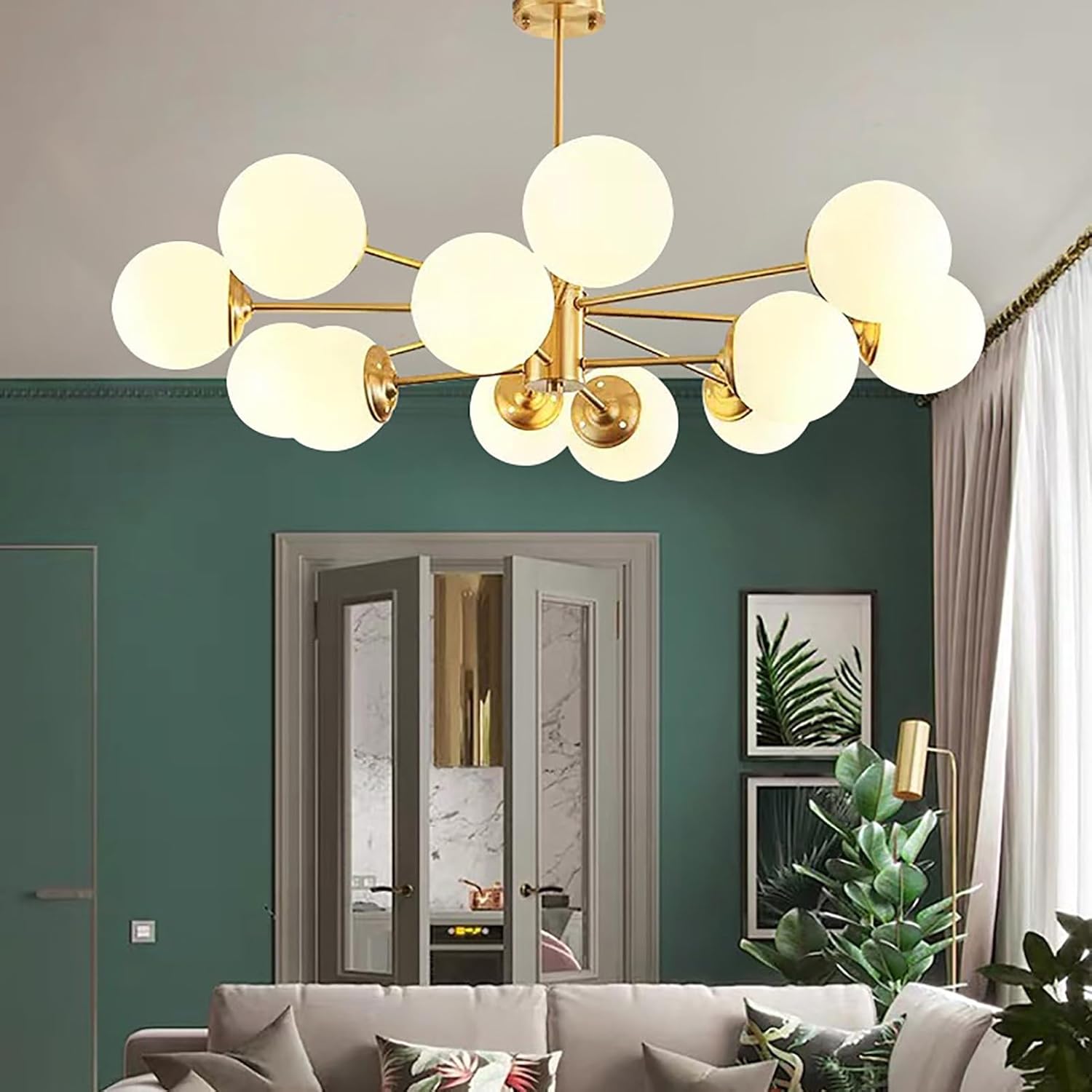 Mid Century Modern Kronleuchter, Sputnik Deckenleuchte Milchglas Kugel Leuchte, Pendelleuchte Aus Gebürstetem Messing für Wohnzimmer Esszimmer Schlafzimmer Kücheninsel(16 Lights, Glossy)