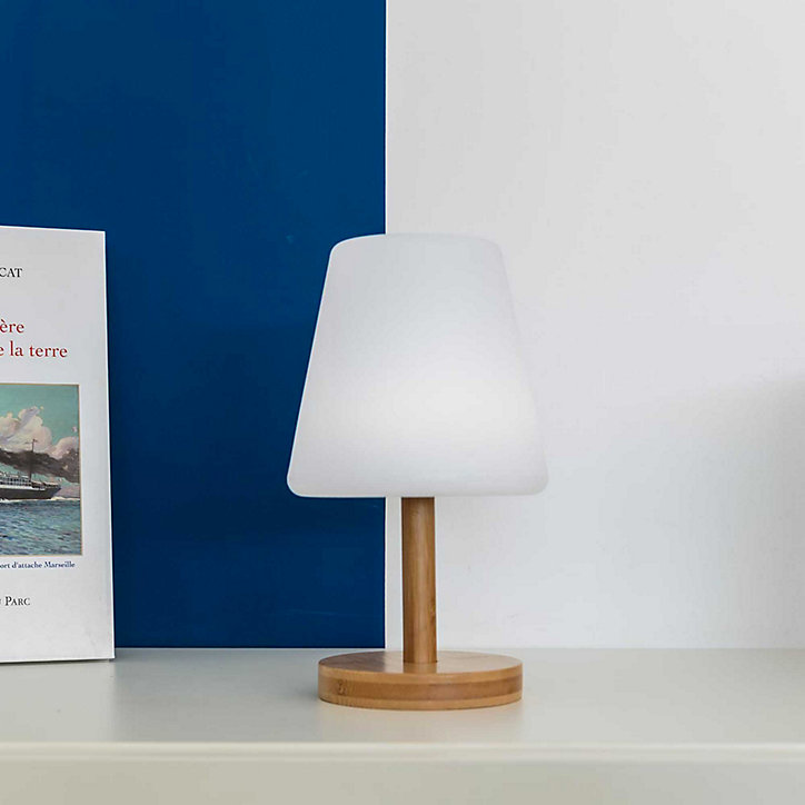 Lampe de table extérieur LED intégrée dimmable 1W Standy Lumisky bois naturel mat l.16 x H. 25 x P.15.8 x Ø 16 cm