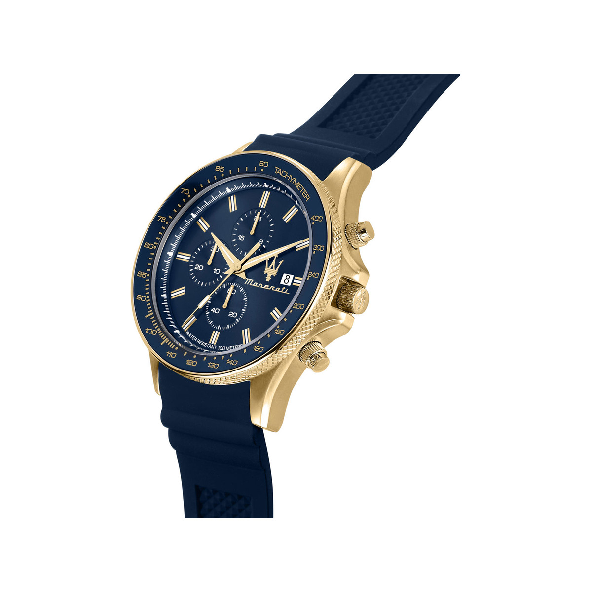 Montre MASERATI homme acier doré jaune bracelet silicone bleu