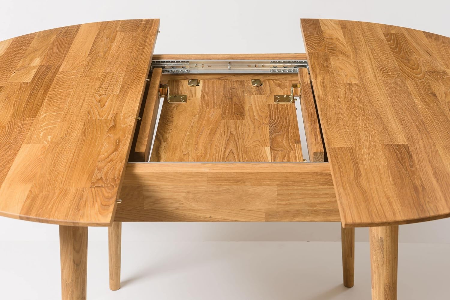 Esstisch Scandi 5 (rund, ausziehbar) • Tisch für Küche, Esszimmer & Wohnzimmer • Massivholz (Eiche) • Eiche Natur • Runder Ausziehtisch (110-145 x 110 x 75 cm)