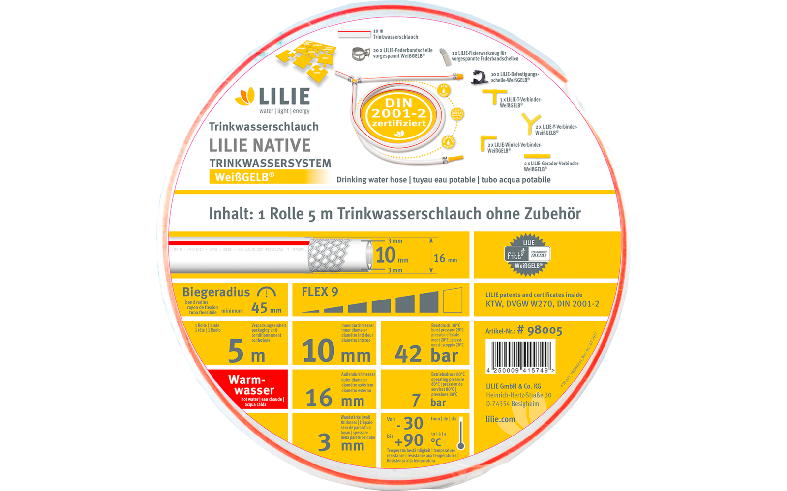 Lilie Nativ 10x14 mm Meterware Trinkwasserschlauch 10x14 mm Warm