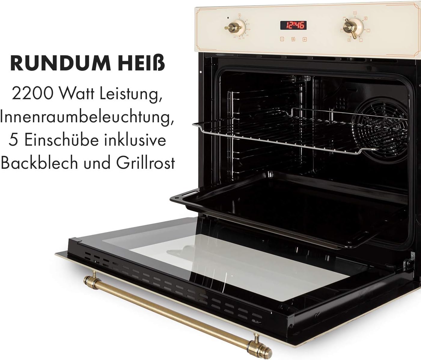 Klarstein Elizabeth - Elektrischer Einbaubackofen, Retro-Design, 70L, EEK A, Autark, Umluft/Ober- / Unterhitze/Grill, 2200 Watt, 50-250 °C, Drehregler und Türgriff in Messingoptik, creme