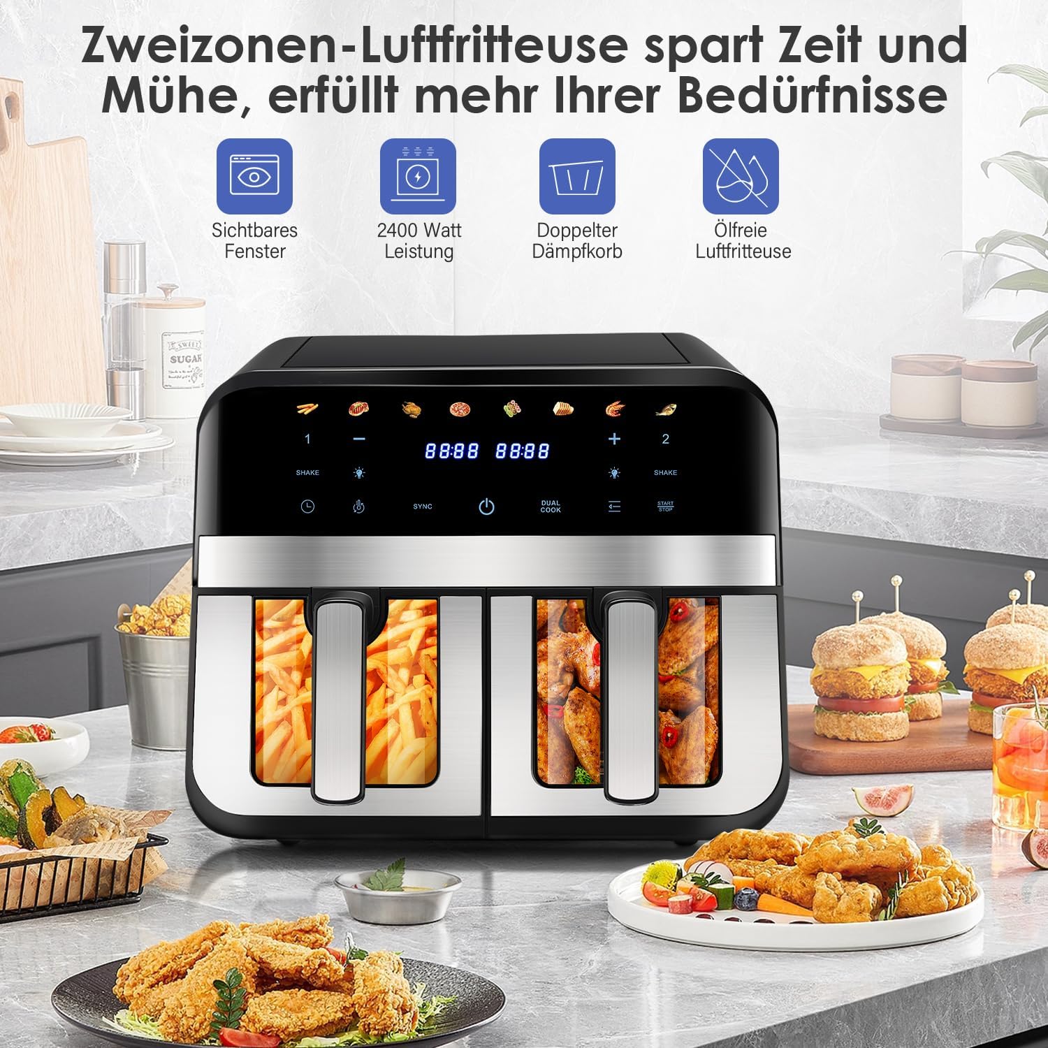 Dual Zone Heißluftfritteuse, XXL 9L Rapid AirFryer, 2 Fächer, 8 Programme, 80°C- 200°C, 2400W, Heißluftfritteusen ohne Öl, Grillen, Backen, Braten, Spülmaschinenfest, Antihaftbeschichtung