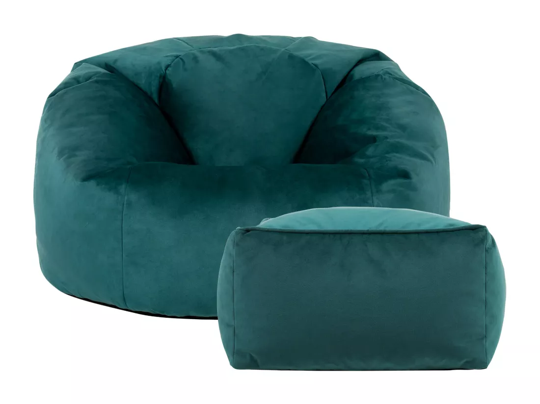 Pouf classique et son repose-pied velours bleu canard - AURORA
