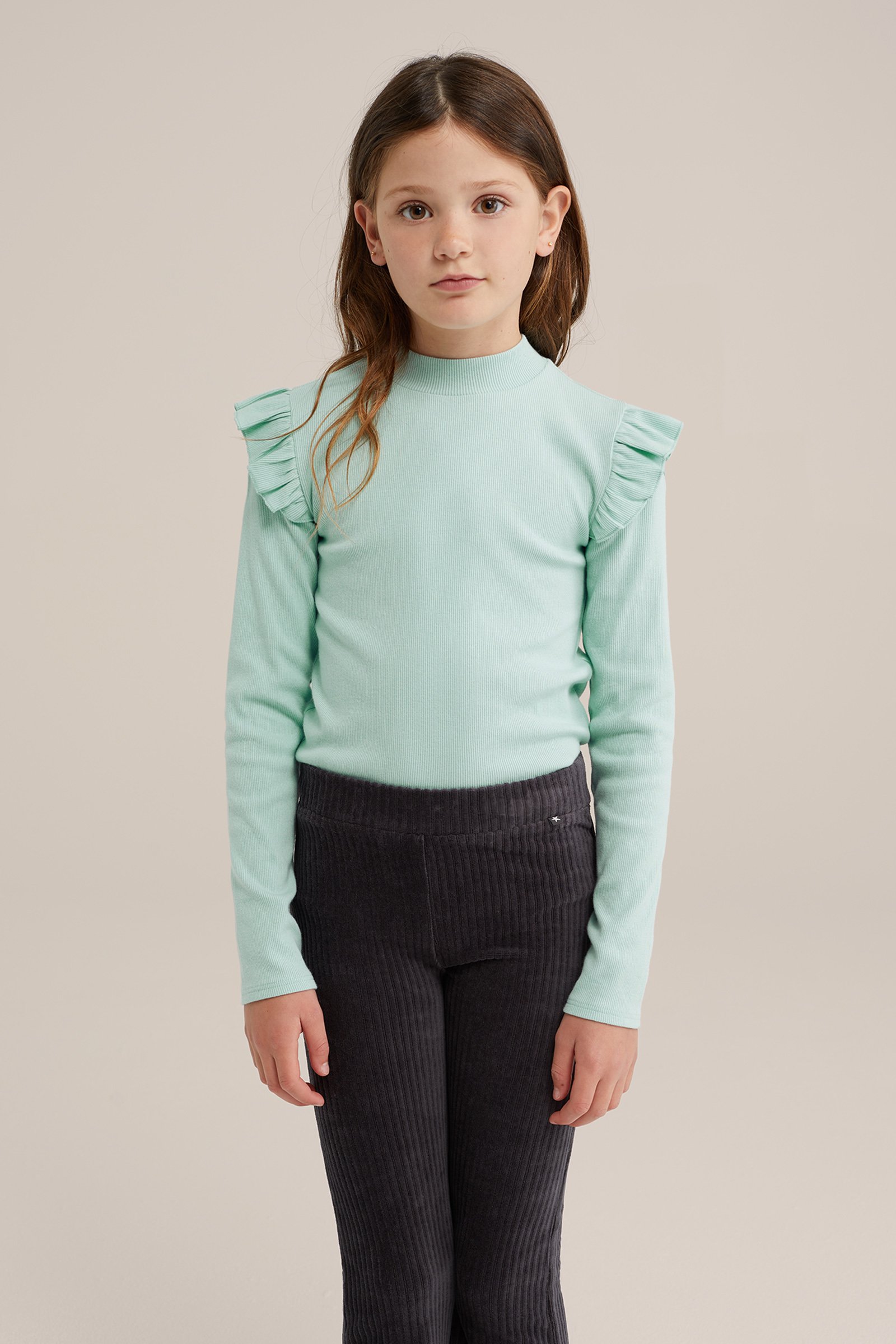 Meisjes geribd T-shirt met ruches WE Fashion Lichtblauw