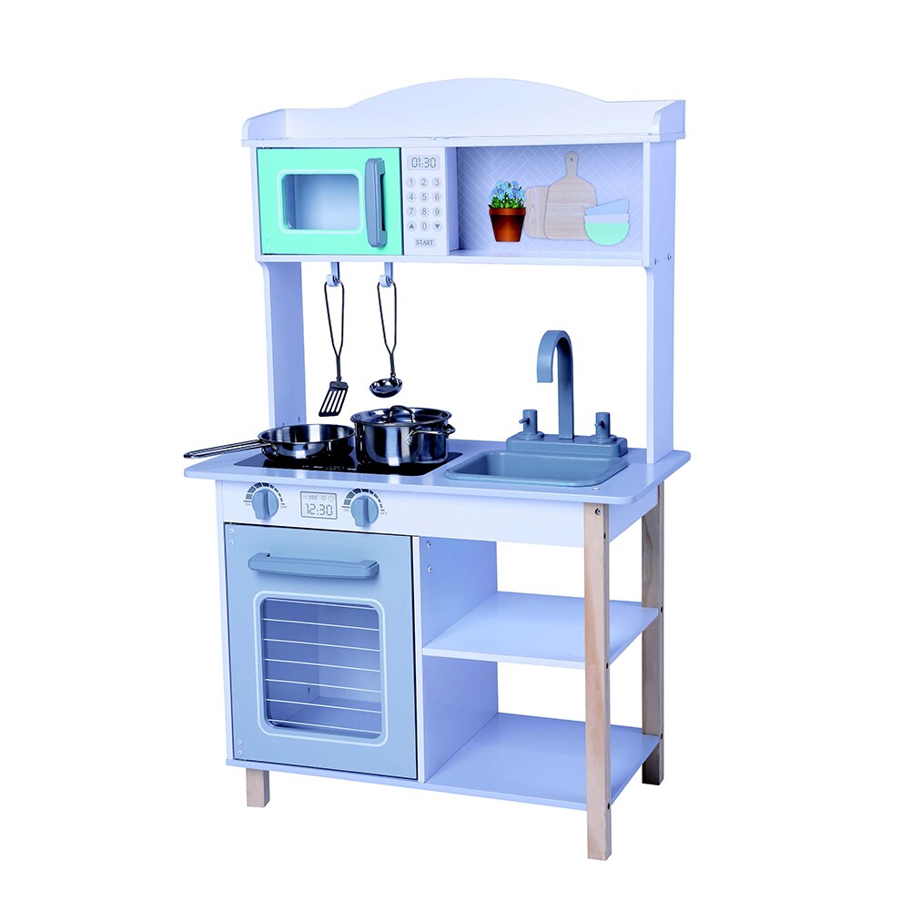 Moni Kinderküche Mila Holz 7256A Backofen 2 Kochplatten Spüle Mikrowelle Regale hellblau