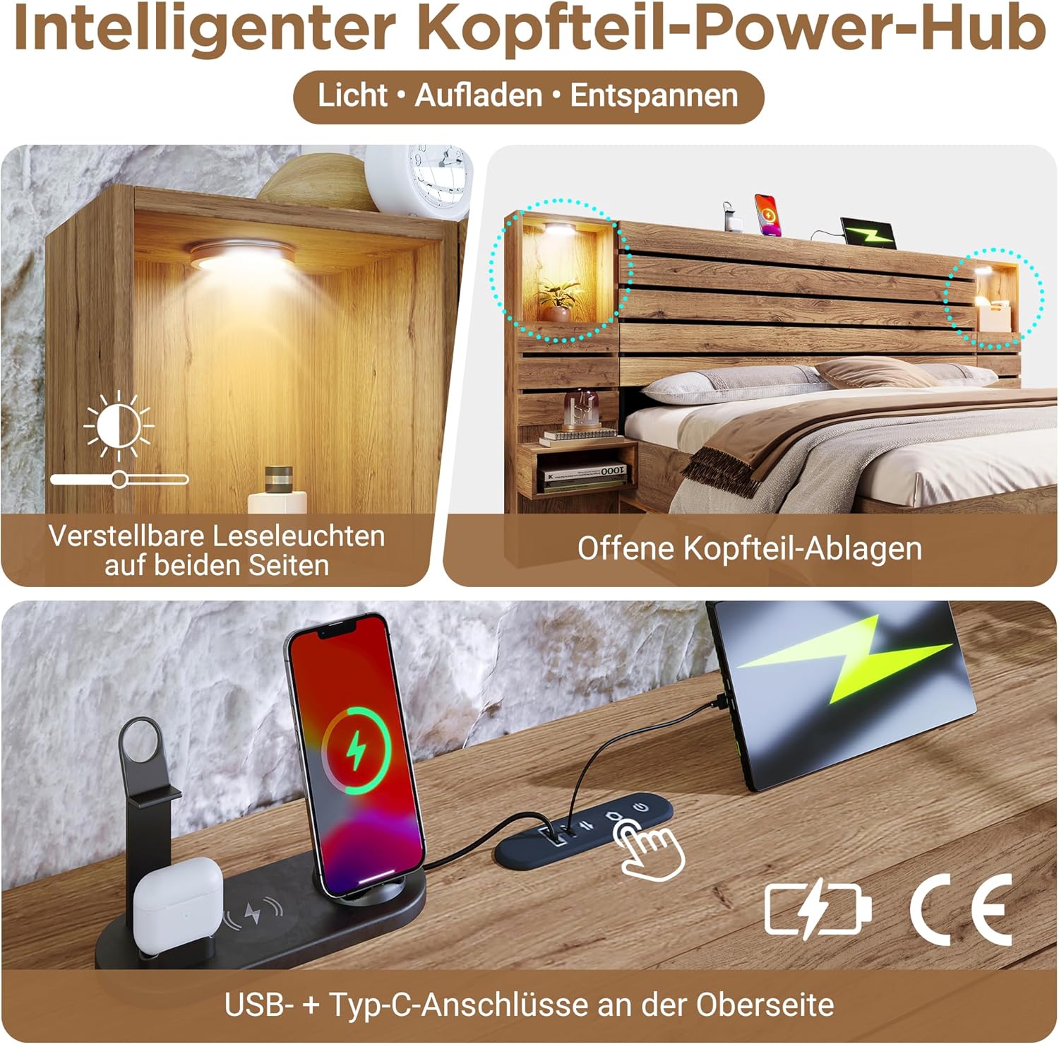 Kebnor Holzbett Doppelbett 160x200 cm mit LED-Downlights und USB Type-C, beleuchtete Nische, schwebende Nachttische, Unterbett-Stauraum mit Schubladen, Eichenoptik (Ohne Matratze) (160×200cm(Typ 3))