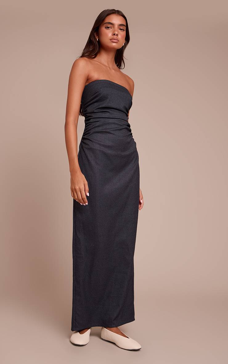 Bleu Marine Robe Longue Bustier À Imprimé Abstrait Avec Détails Froncés
