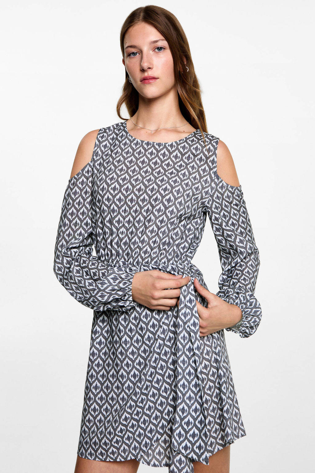 MANGO TEEN open shoulder wikkeljurk met all over print antraciet/wit
