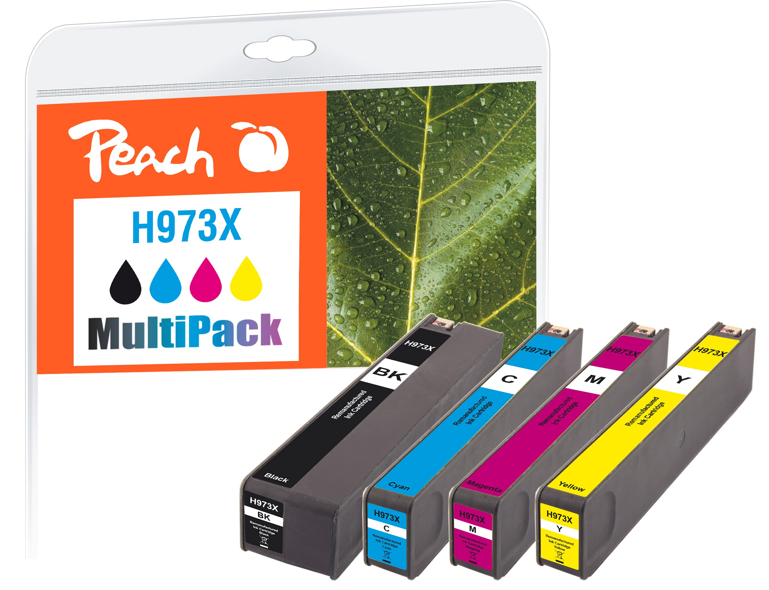 Peach HP 973 X 4 Druckerpatronen XL (bk, c/m/y) ersetzt HP No. 973X, L0S07AE, F6T81AE, F6T82AE, F6T83AE für z.B. HP PageWide Pro 450 (wiederaufbereitet)