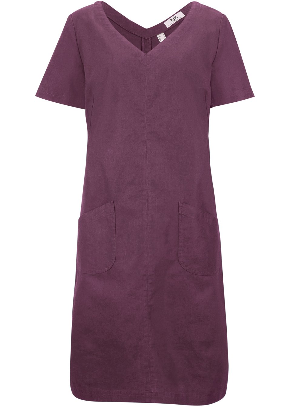 Robe en lin majoritaire à col V, mi-manches, longueur genou