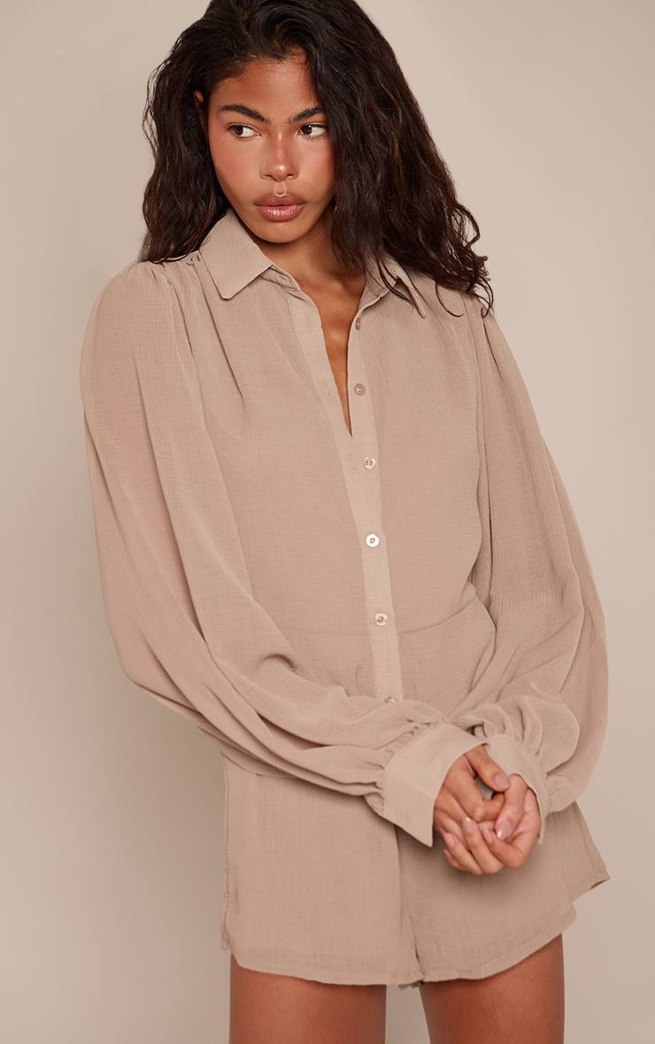 Taupe Combishort Chemise À Manches Ballon
