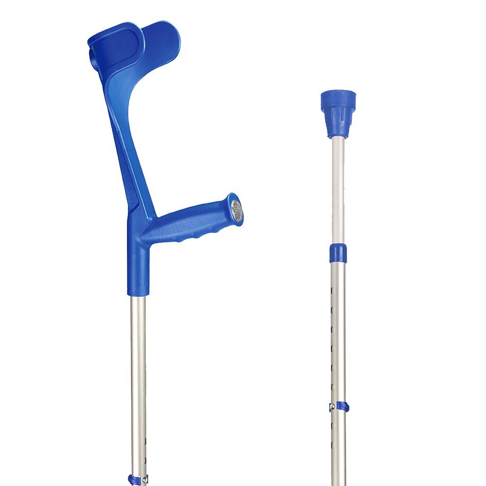 SAHAG Krücken Ergo Hartgriff 76-96cm alu blau -140kg Clipverstellung 2 Reflektoren 1 Paar