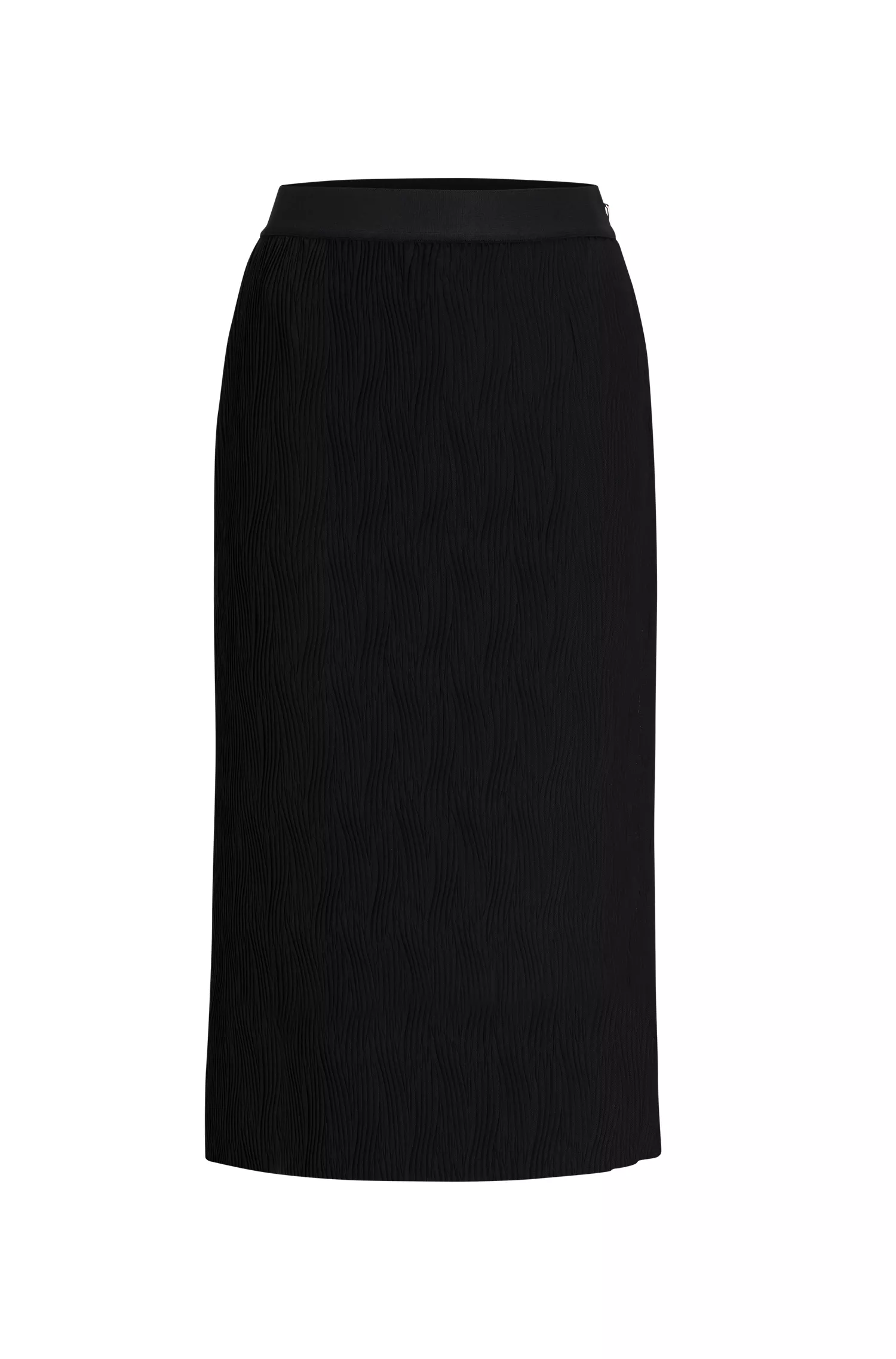 Saia BOSS preta em tule elástico com pregas onduladas.