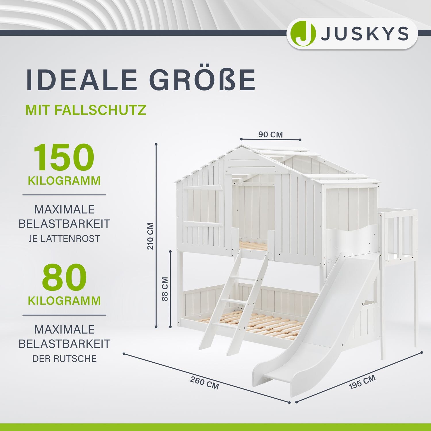 Juskys Kinderbett Baumhaus 90x200 cm Weiß mit Rutsche, Dach & Lattenrost – Hausbett für Kinder