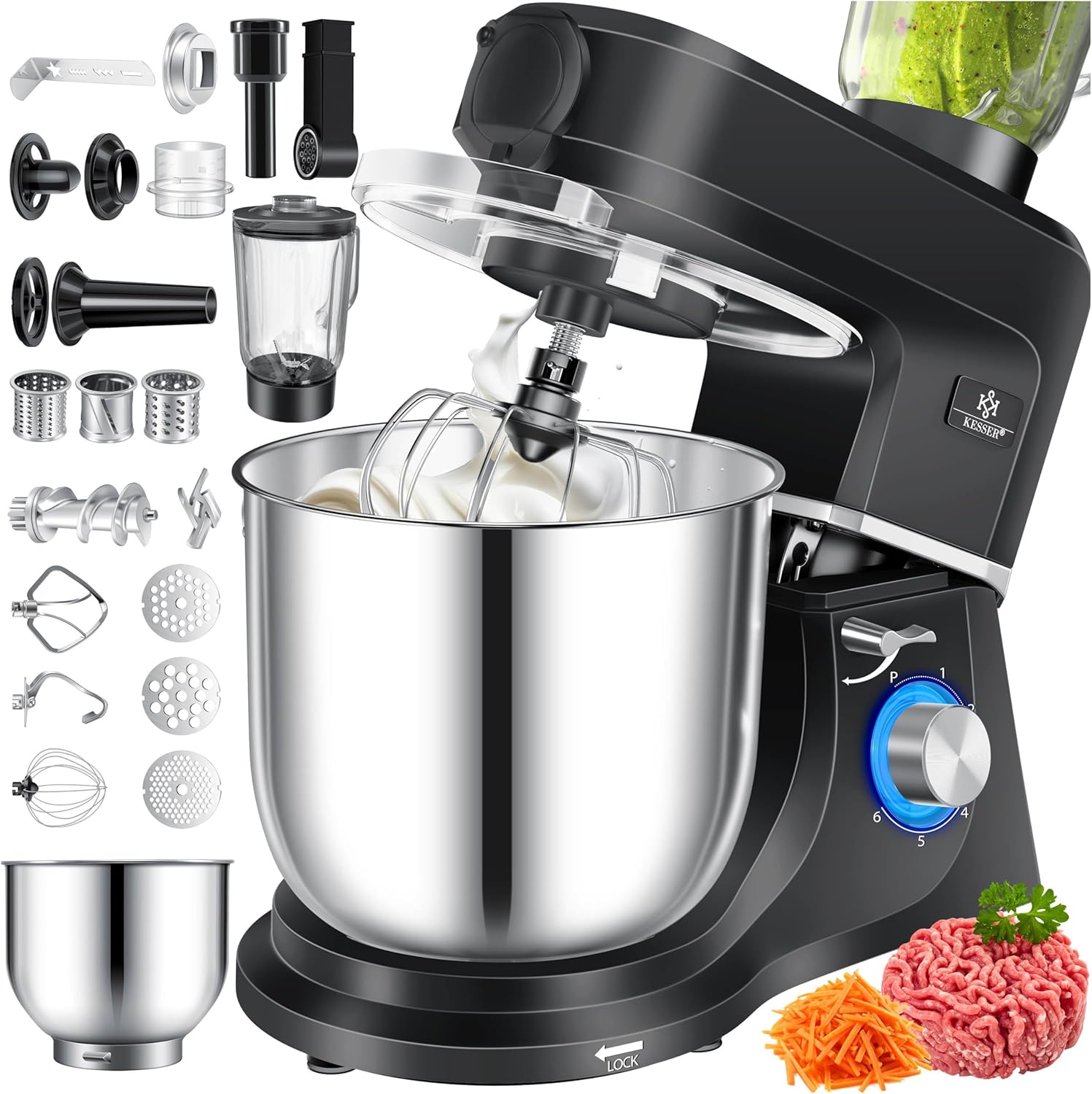 KESSER® 3 in 1 Universal Küchenmaschine K-KM 3000 mit Fleischwolf Knetmaschine Multifunktionale Rührmaschine 5,5L Schüssel mit 3 Rührwerkzeuge, 1,5L Entsafter, Zubehör-Set, Pasta & Gebäckformen
