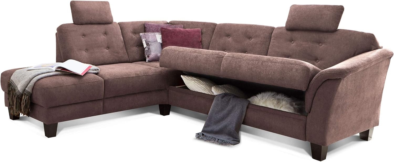 Cavadore Ecksofa Trond mit Ottomane links / Federkern-Sofa im Landhausstil mit 2 Kopfstützen und Vorziehsitz mit Bettkasten / 260 x 89 x 214 / Webstoffbraun