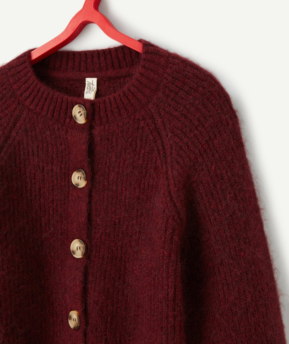 CARDIGAN TRICOT FILLE ROUGE FONCÉ AVEC BOUTONS EFFET ÉCAILLES