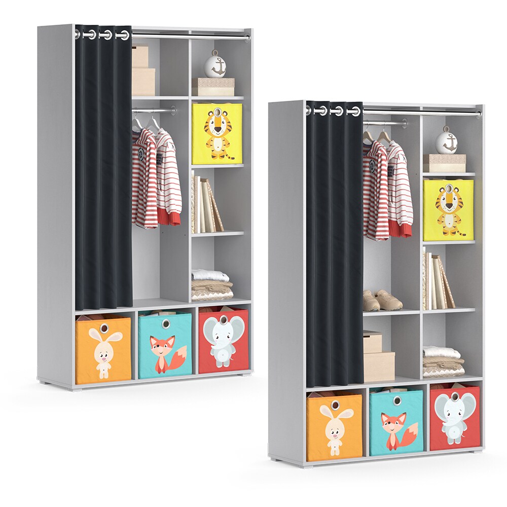 Vicco Kinderkleiderschrank Kinderzimmerschrank Kindergarderobe Luigi Hellgrau Faltbox 106 x 178 cm modern Schrankregal Jugendzimmerschrank Organizer Vorhang Kleiderstange Fächer Aufbewahrung Spielzeugablage